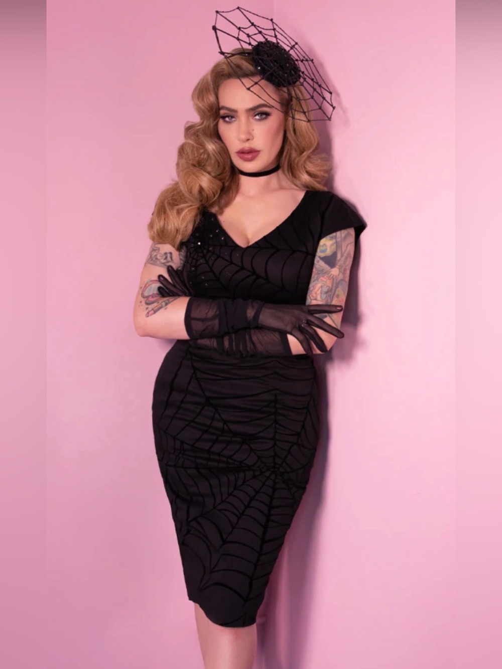Vixen by Micheline Pitt Black Widow Spiderweb Wiggle Dress Large
